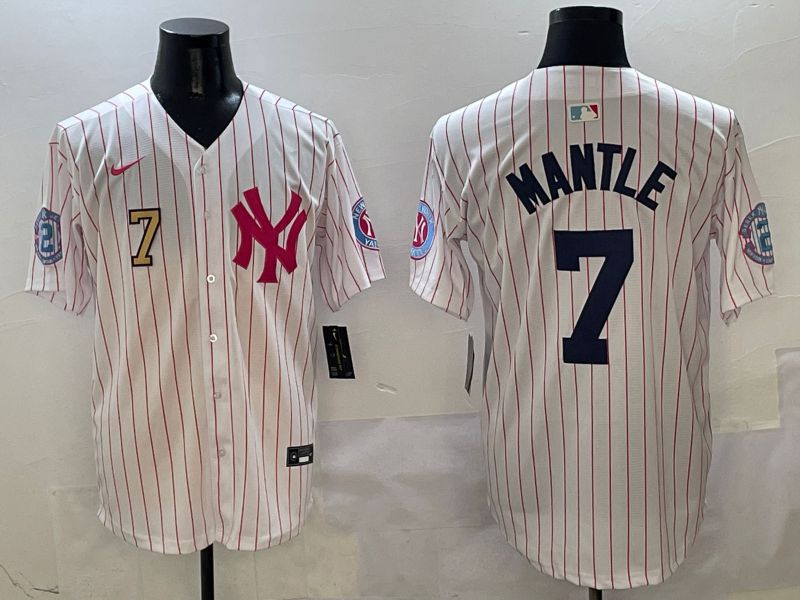 Men New York Yankees #7 Mantle White Stripe Jointly Name Nike 2025 MLB Jersey style 4